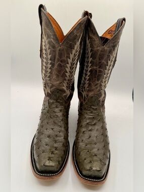 Pre-owned Men's Olive Green full quill ostrich Leather cutter toe boots SIZE 9.5